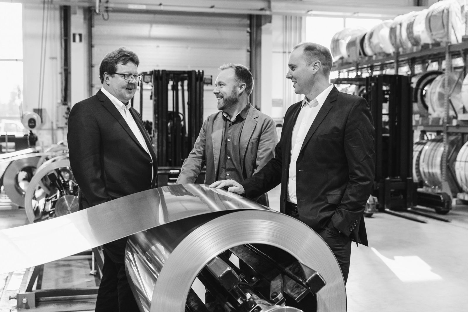 Refrigeration Business Director Heikki Oksanen (left), Energy Business Director Tobias Häggblom and Chemical and Process Business Director Marko Rantala photographed at Vahterus production facilities in Kalanti, Finland.